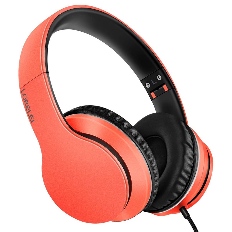 LORELEI X6 Over-Ear Headphones with Microphone, Lightweight Foldable & Portable Stereo Bass Headphones with 1.45M No-Tangle,Wired Headphones for Smartphone Tablet MP3 / 4 (Vitality Orange) - Image 1